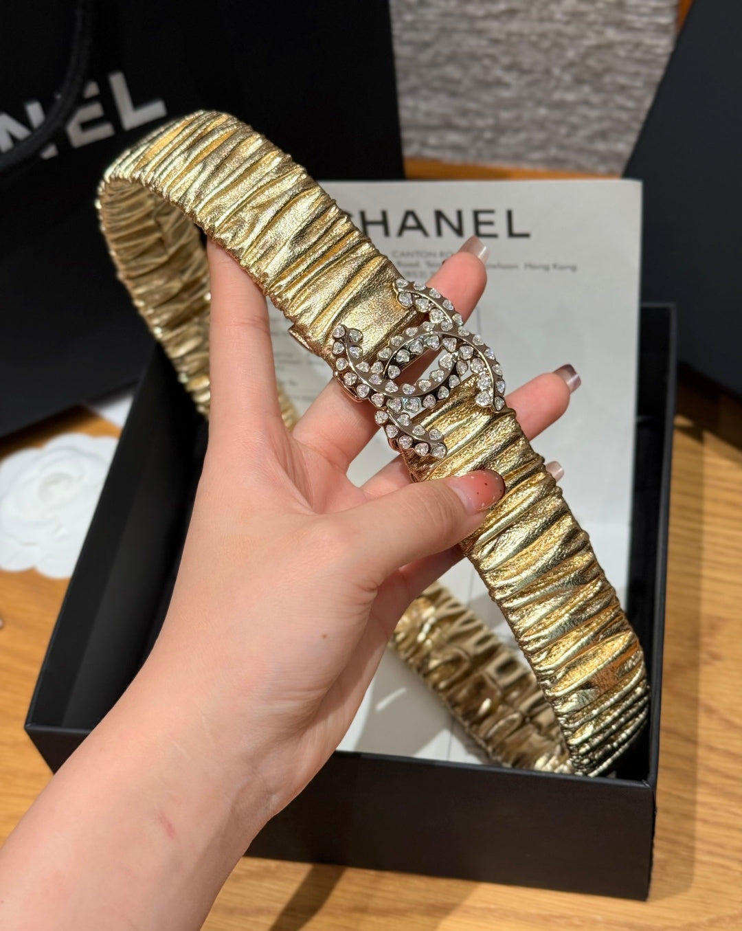 CC Elastic Waist Belt 3.0CM Metallic Gold Leather Sliver Diamond Buckle 195945