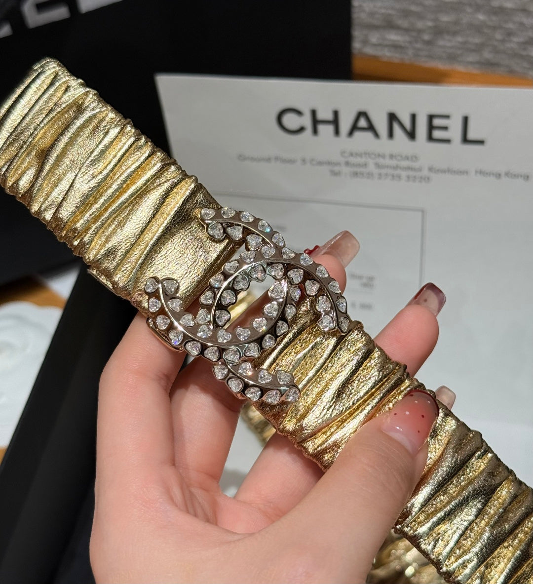 CC Elastic Waist Belt 3.0CM Metallic Gold Leather Sliver Diamond Buckle 195945