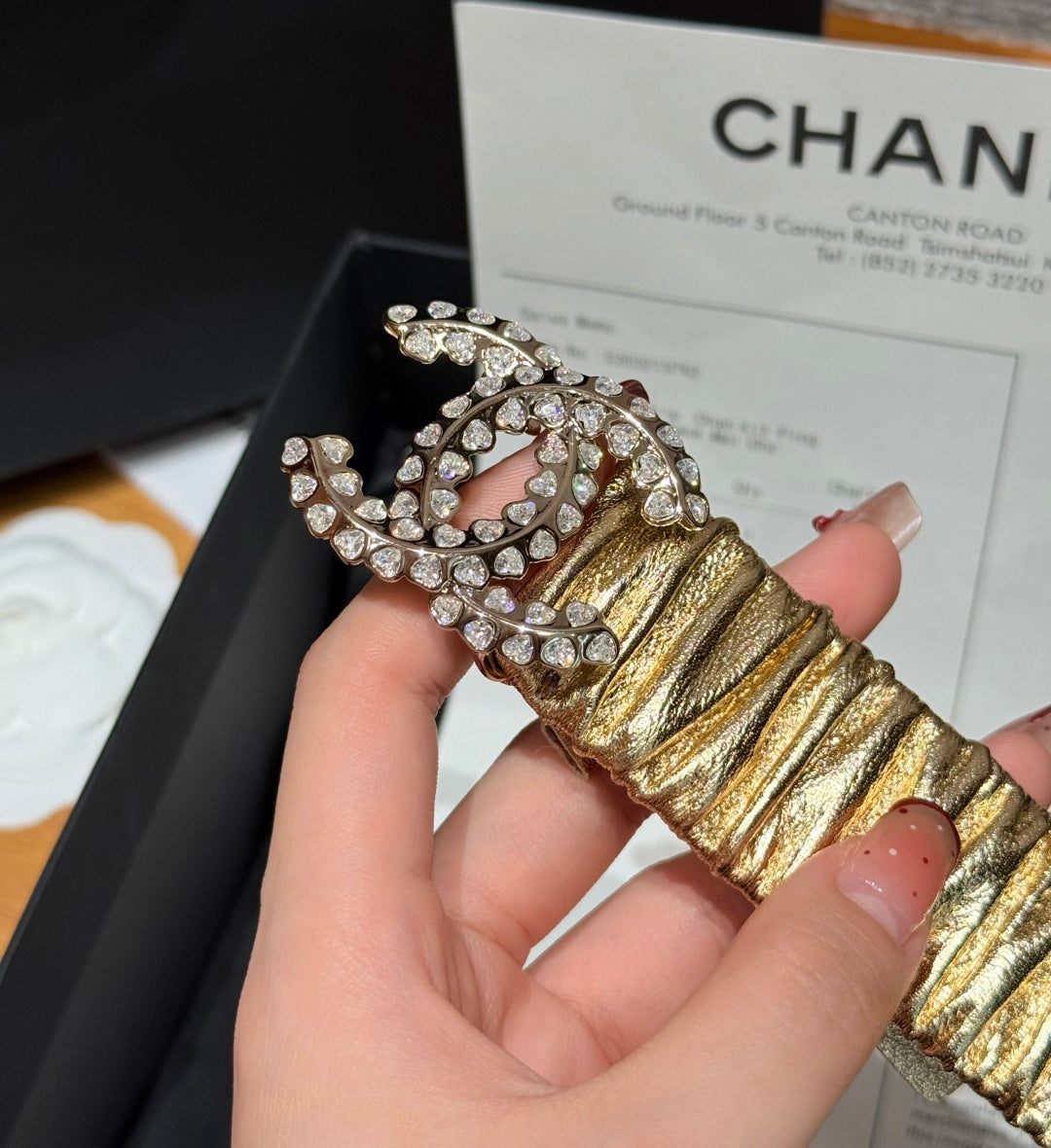 CC Elastic Waist Belt 3.0CM Metallic Gold Leather Sliver Diamond Buckle 195945