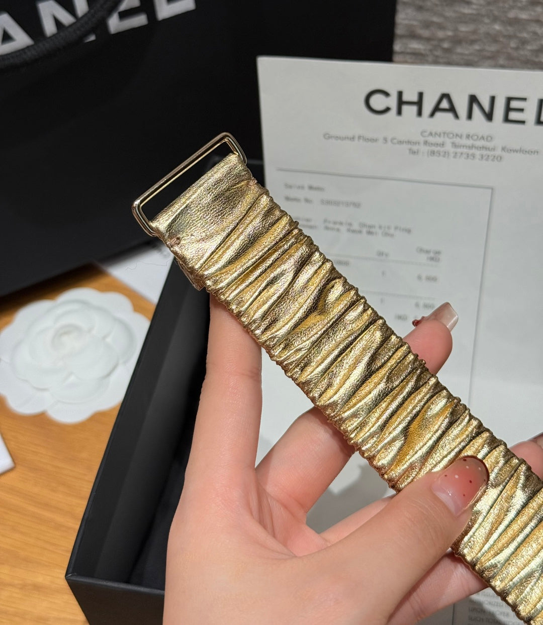 CC Elastic Waist Belt 3.0CM Metallic Gold Leather Sliver Diamond Buckle 195945
