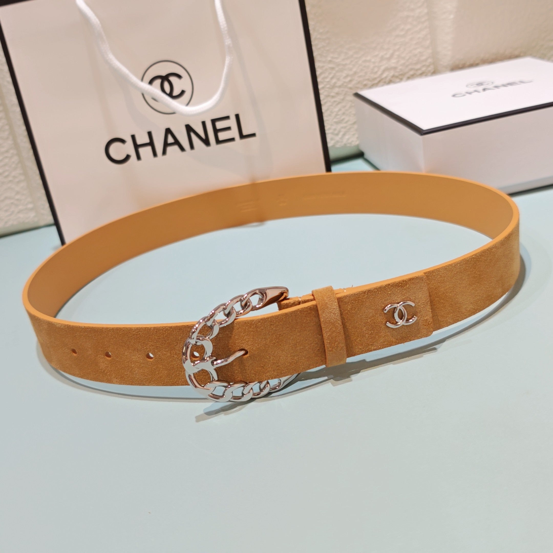 CC Belt 3.0CM Camel Brown Suede Sliver Buckle 198422