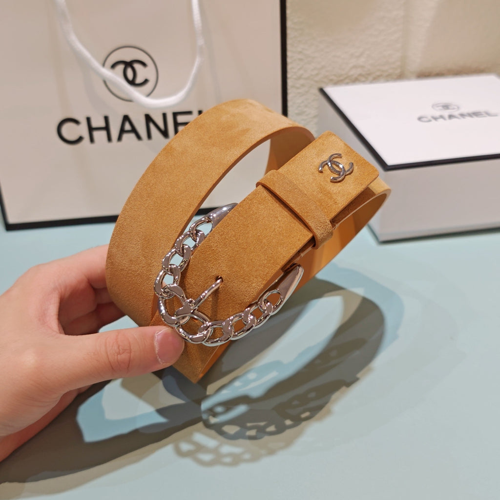 CC Belt 3.0CM Camel Brown Suede Sliver Buckle 198422