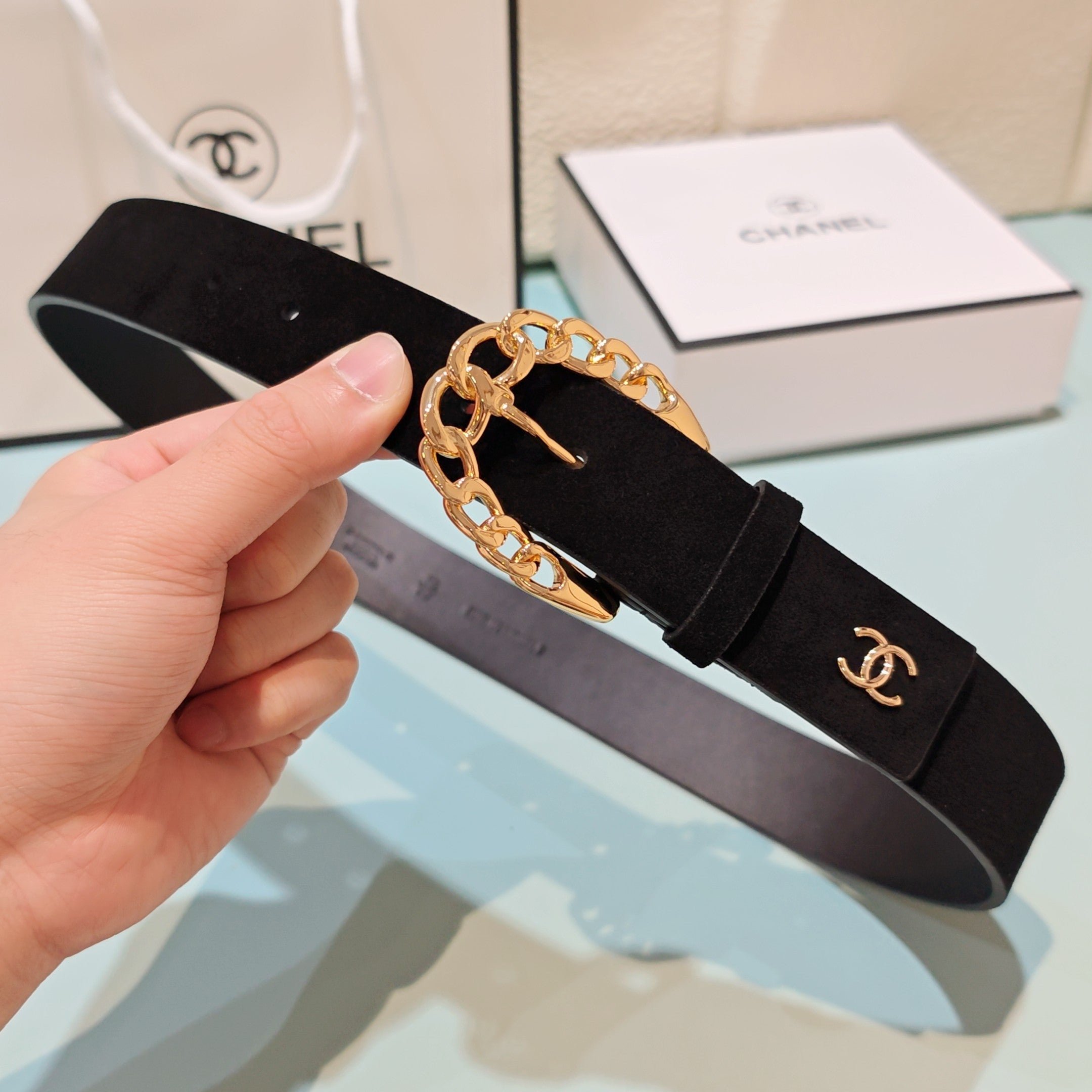 CC Belt 3.0CM Black Suede Gold Buckle 198421