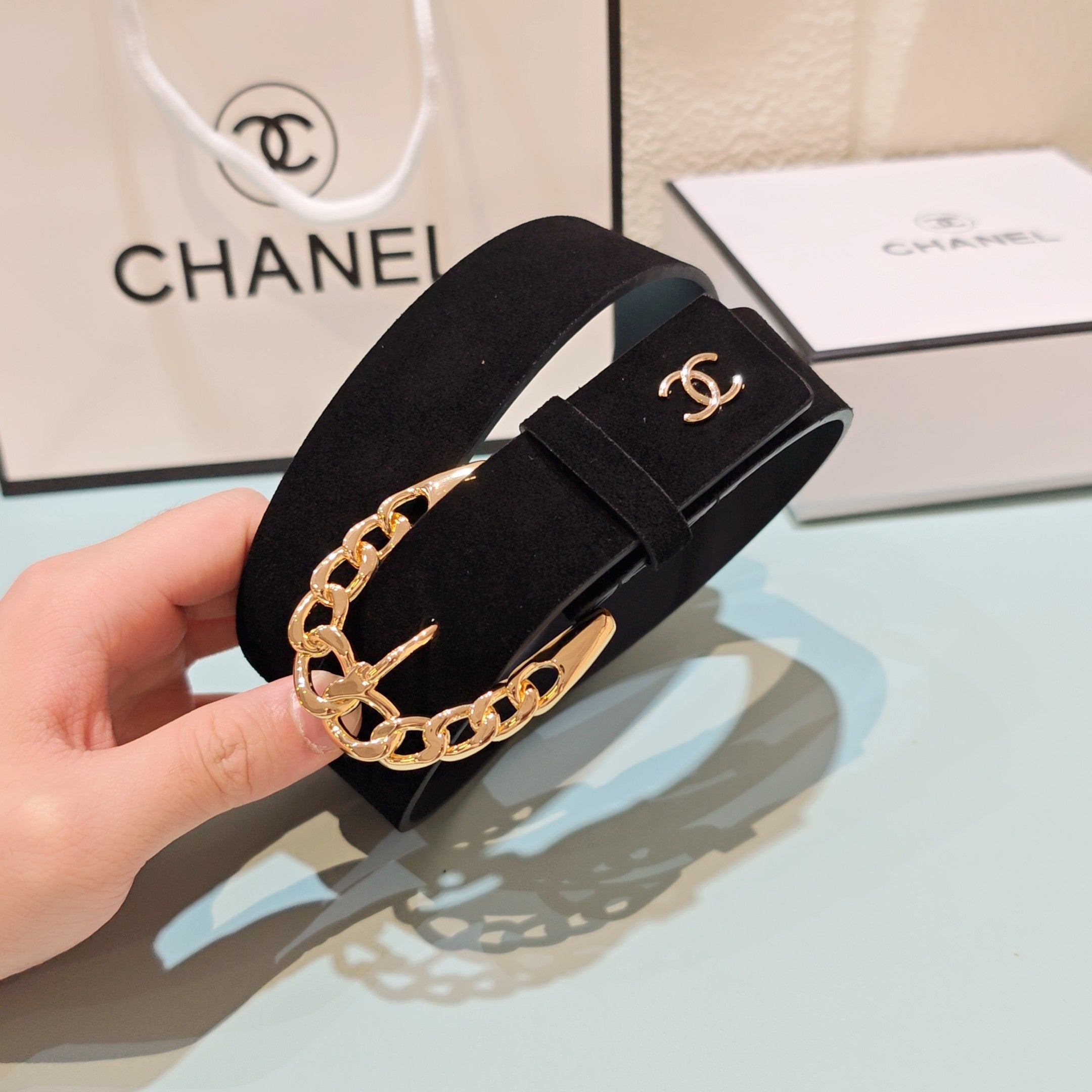 CC Belt 3.0CM Black Suede Gold Buckle 198421