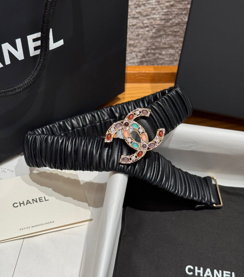 CC Rhinestone Belt 3.0CM Black Leather Multicolor Buckle 198416