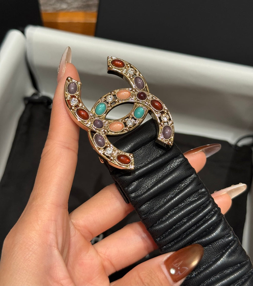 CC Rhinestone Belt 3.0CM Black Leather Multicolor Buckle 198416