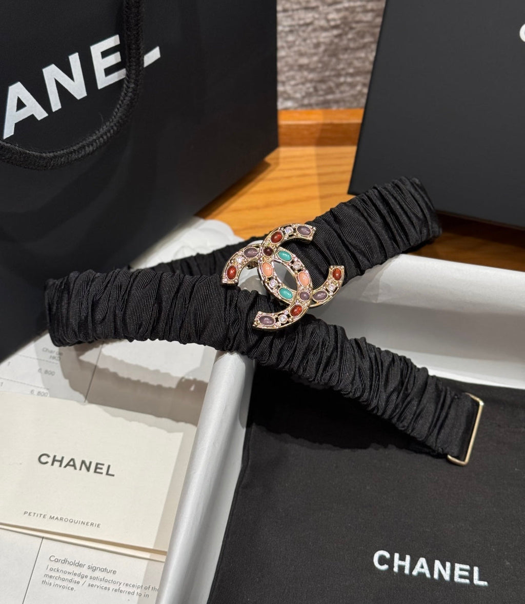CC Rhinestone Belt 3.0CM Black Canvas Multicolor Buckle 198415