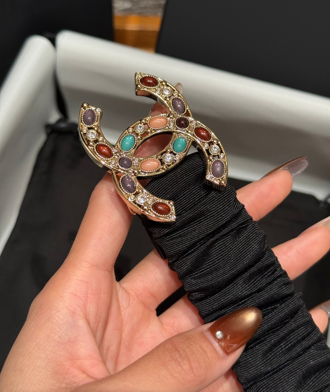 CC Rhinestone Belt 3.0CM Black Canvas Multicolor Buckle 198415