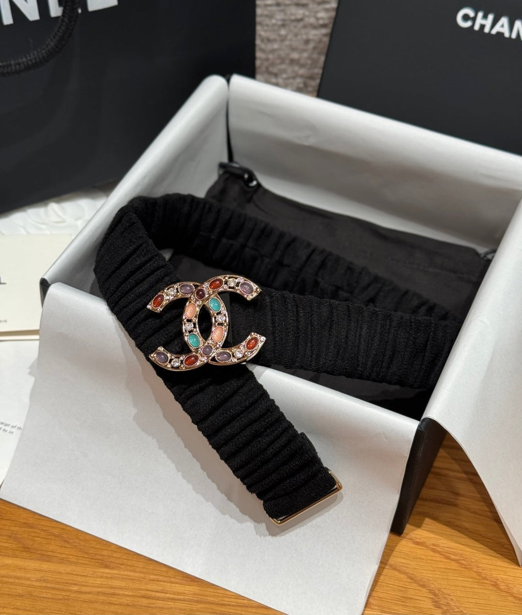 CC Rhinestone Belt 3.0CM Black Wool Multicolor Buckle 198414