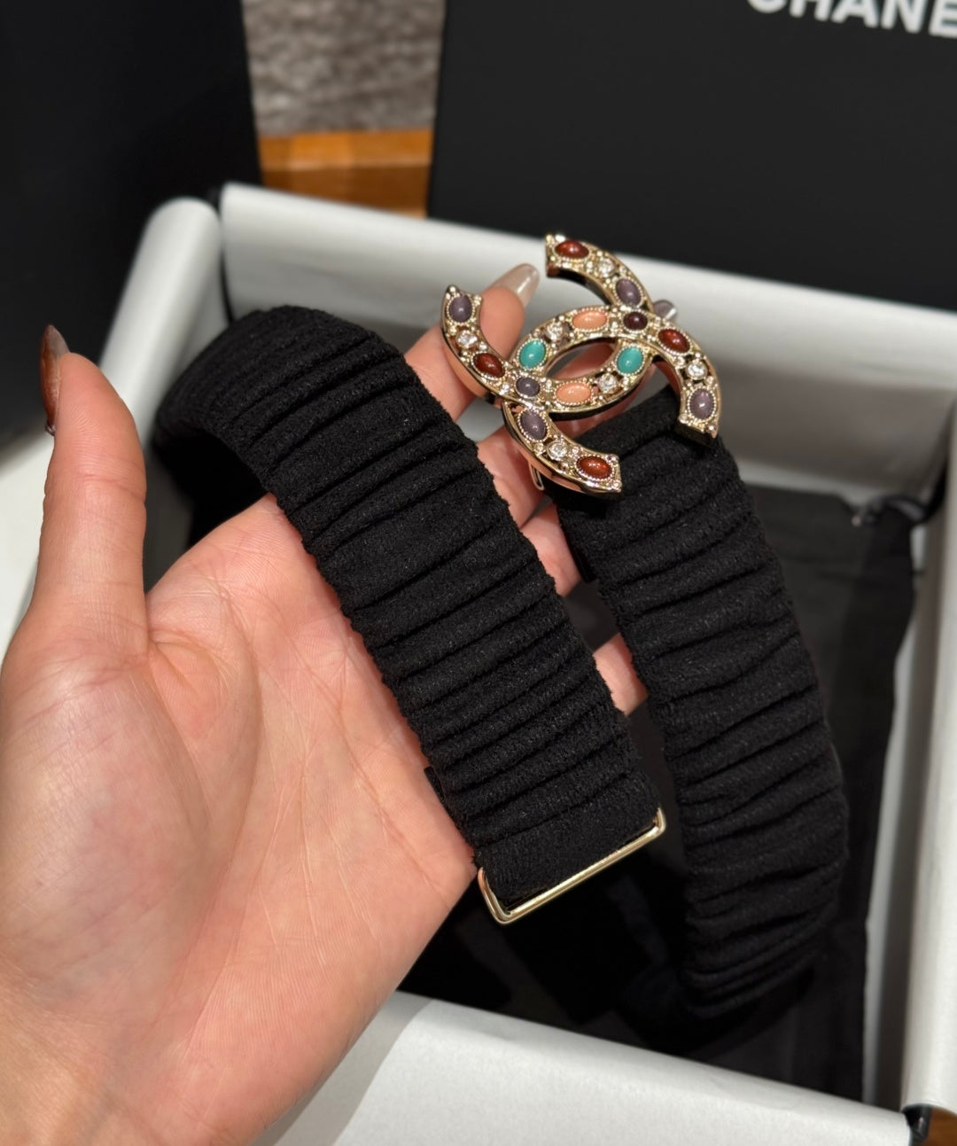 CC Rhinestone Belt 3.0CM Black Wool Multicolor Buckle 198414