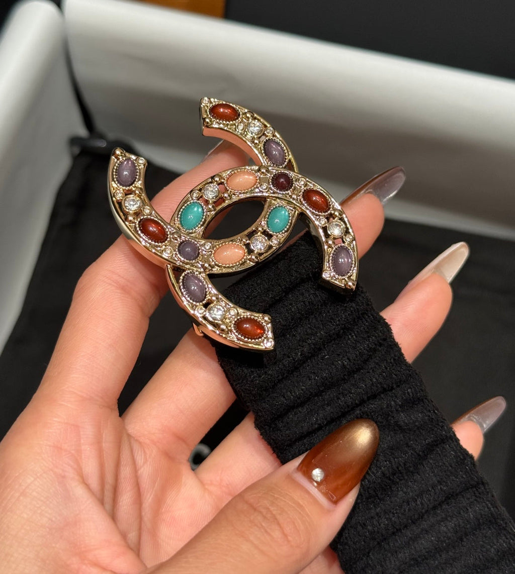 CC Rhinestone Belt 3.0CM Black Wool Multicolor Buckle 198414