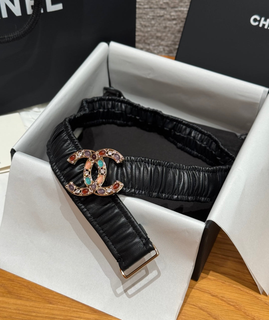 CC Rhinestone Belt 3.0CM Black Cowhide Multicolor Buckle 198413