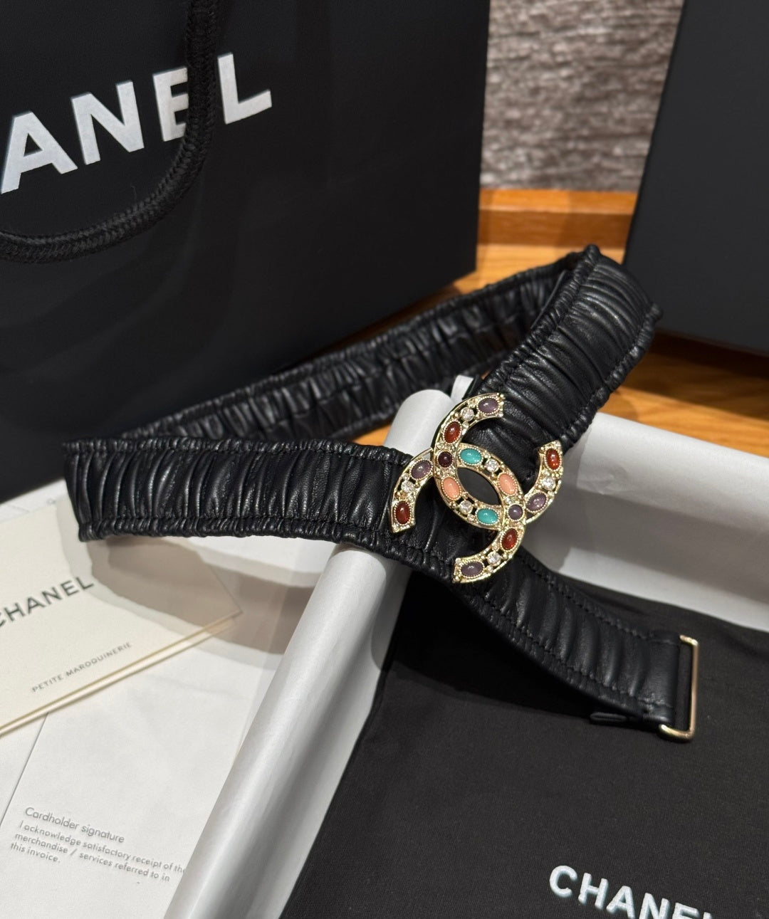 CC Rhinestone Belt 3.0CM Black Cowhide Multicolor Buckle 198413