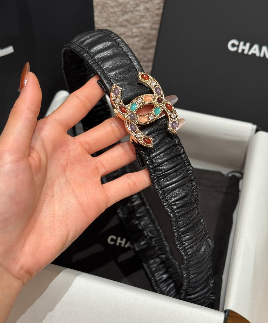 CC Rhinestone Belt 3.0CM Black Cowhide Multicolor Buckle 198413