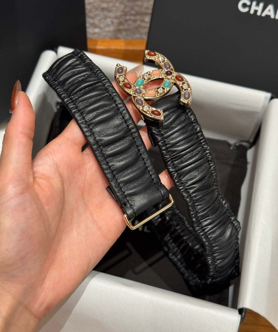 CC Rhinestone Belt 3.0CM Black Cowhide Multicolor Buckle 198413