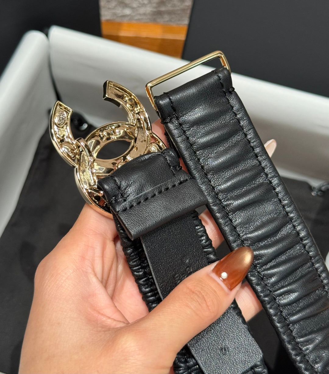 CC Rhinestone Belt 3.0CM Black Cowhide Multicolor Buckle 198413