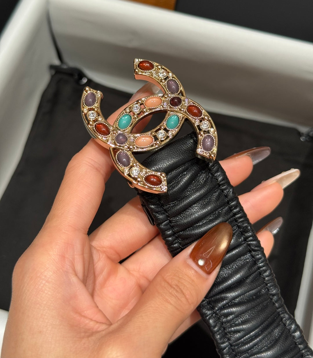 CC Rhinestone Belt 3.0CM Black Cowhide Multicolor Buckle 198413
