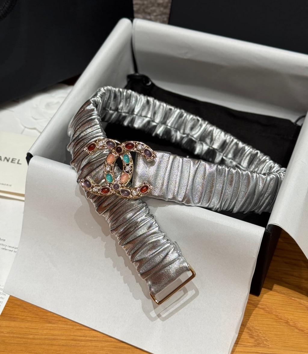 CC Rhinestone Belt 3.0CM Sliver Metallic Cowhide Multicolor Buckle 198411
