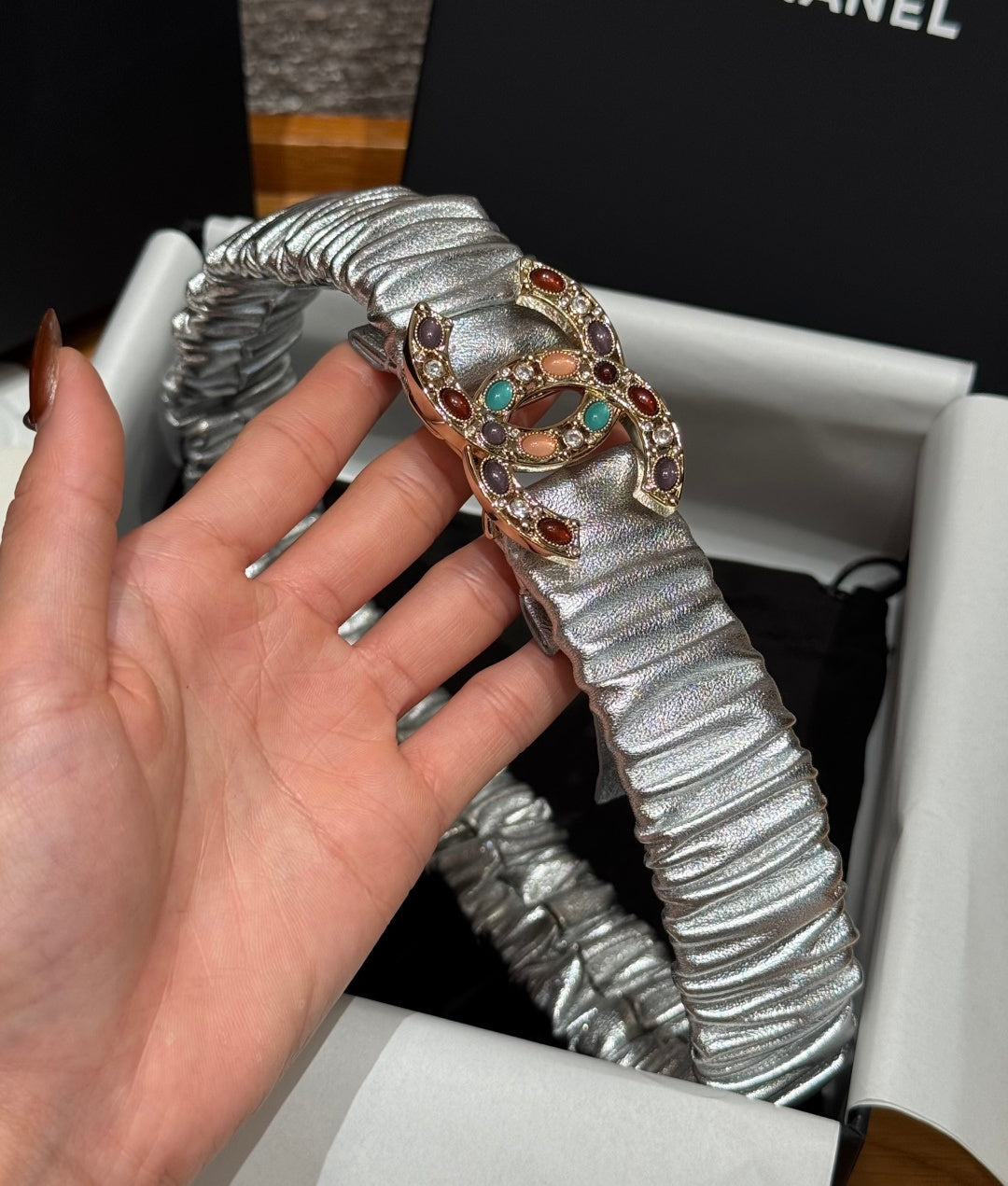 CC Rhinestone Belt 3.0CM Sliver Metallic Cowhide Multicolor Buckle 198411