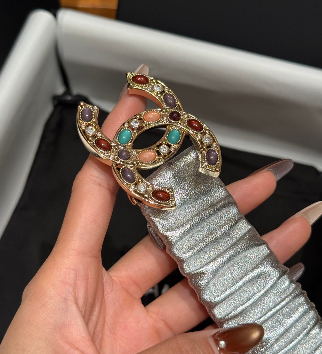 CC Rhinestone Belt 3.0CM Sliver Metallic Cowhide Multicolor Buckle 198411
