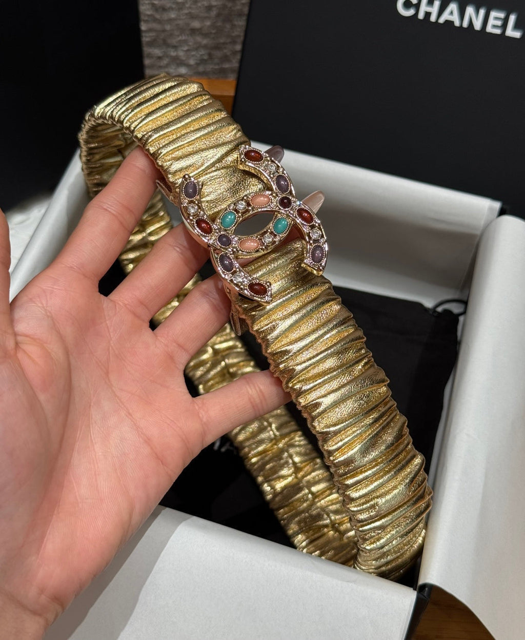 CC Rhinestone Belt 3.0CM Gold Metallic Cowhide Multicolor Buckle 198410
