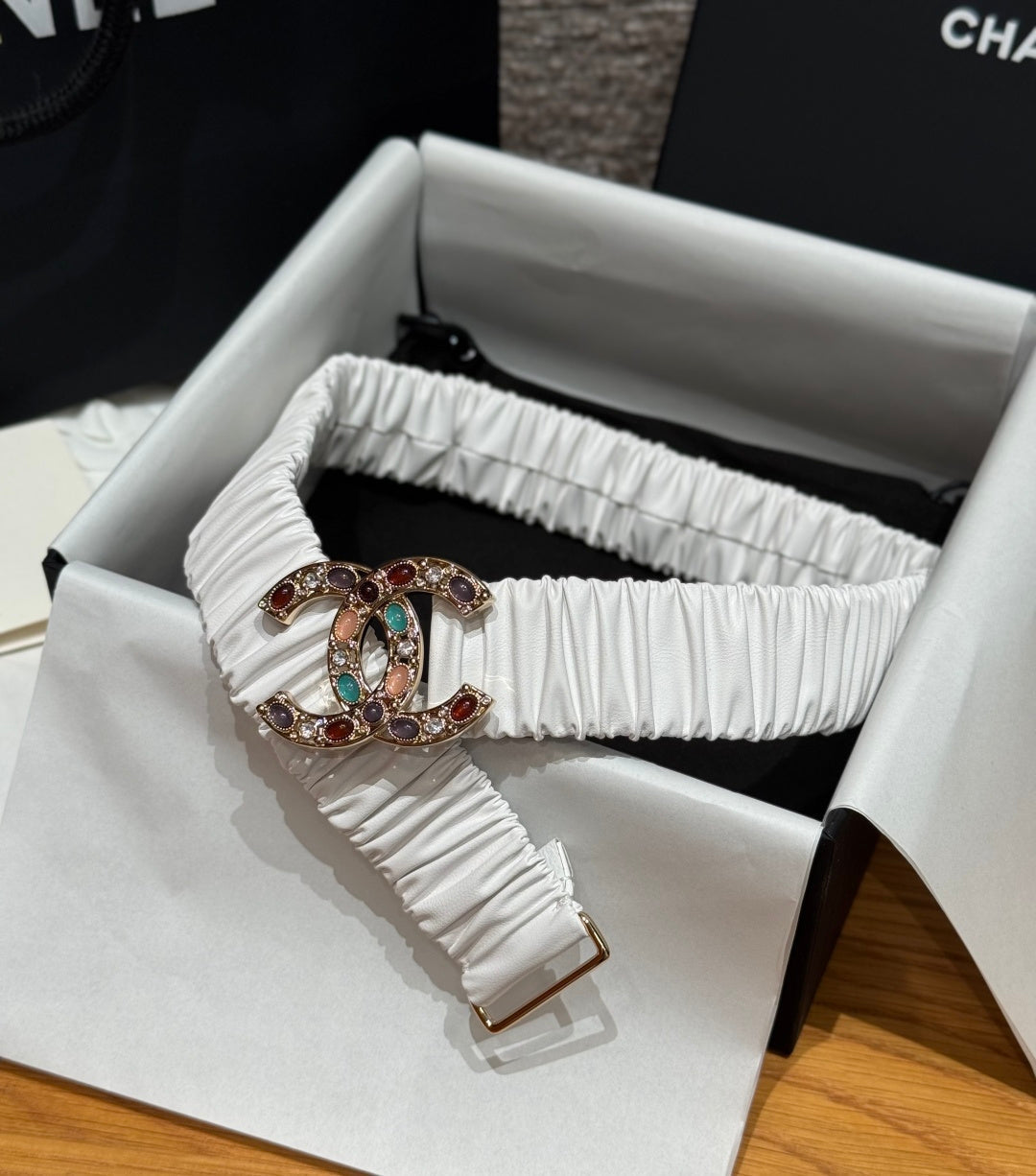 CC Rhinestone Belt 3.0CM White Cowhide Multicolor Buckle 198409