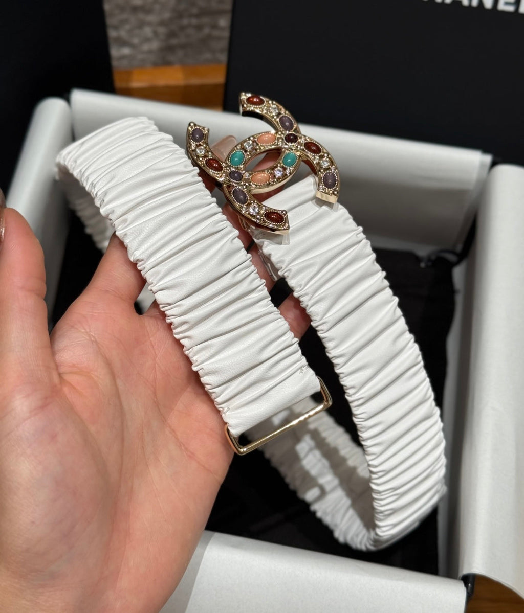 CC Rhinestone Belt 3.0CM White Cowhide Multicolor Buckle 198409