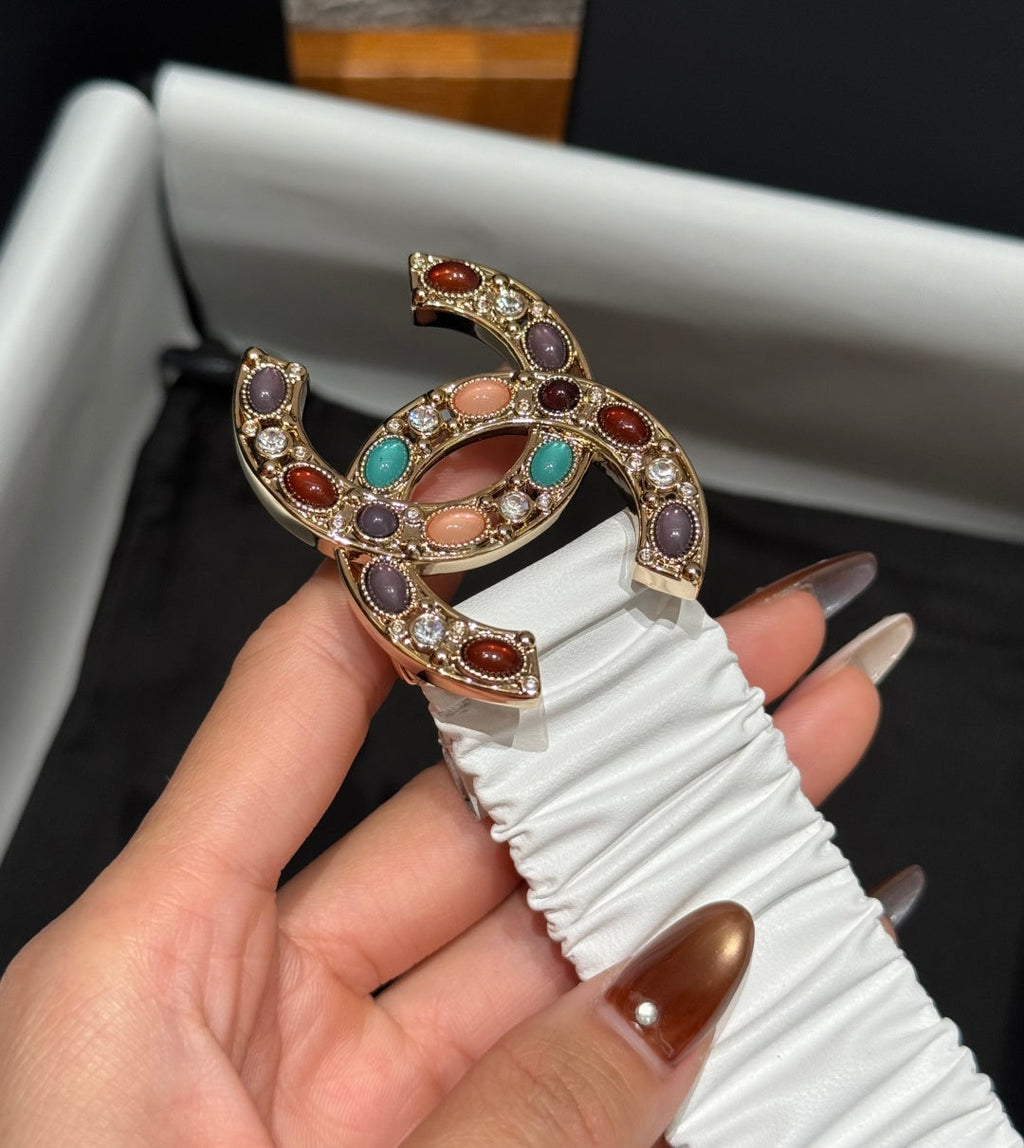 CC Rhinestone Belt 3.0CM White Cowhide Multicolor Buckle 198409