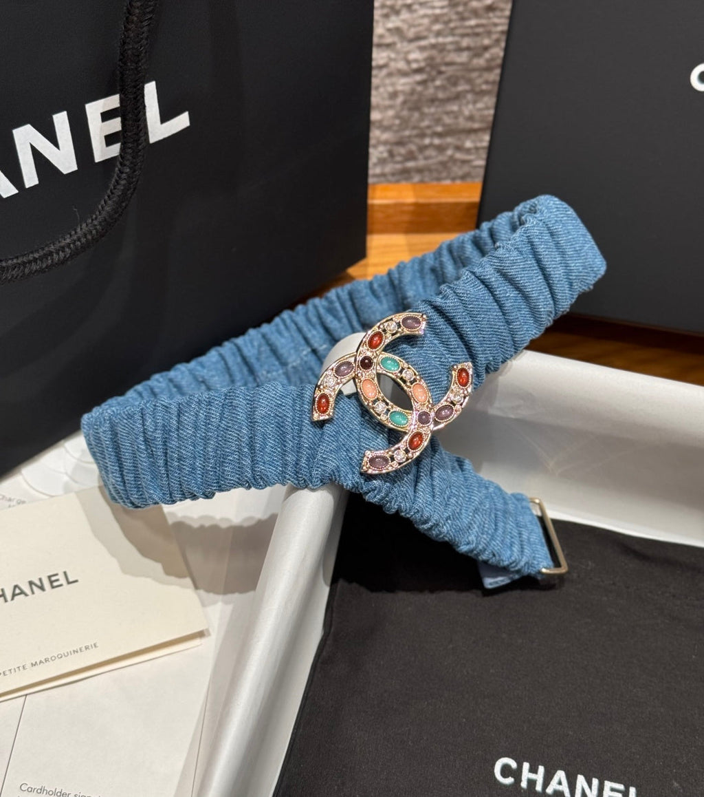 CC Rhinestone Belt 3.0CM Blue Denim Multicolor Buckle 198408