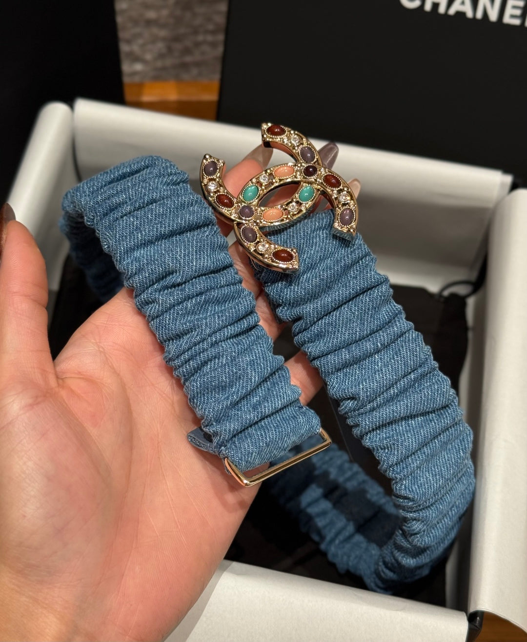 CC Rhinestone Belt 3.0CM Blue Denim Multicolor Buckle 198408