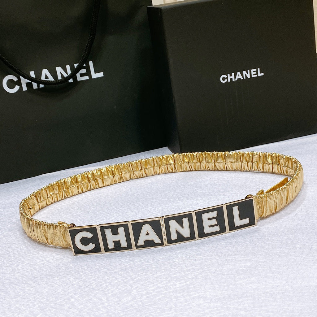 CC Women's Belt 3.0CM Gold Metallic Calfskin Black Buckle 195974