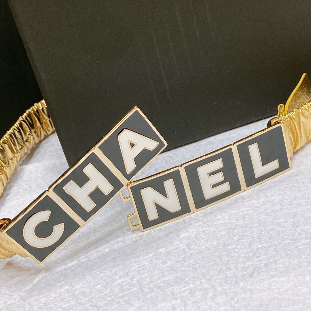 CC Women's Belt 3.0CM Gold Metallic Calfskin Black Buckle 195974