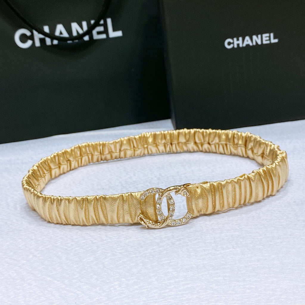 CC Women's Belt 3.0CM Gold Metallic Calfskin Gold Diamond Buckle 195972