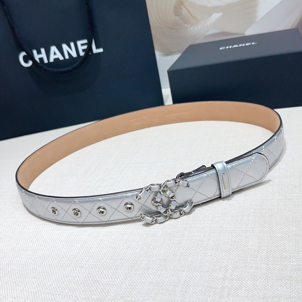 CC Women's Belt 3.0CM Sliver Lambskin Sliver Buckle 190581