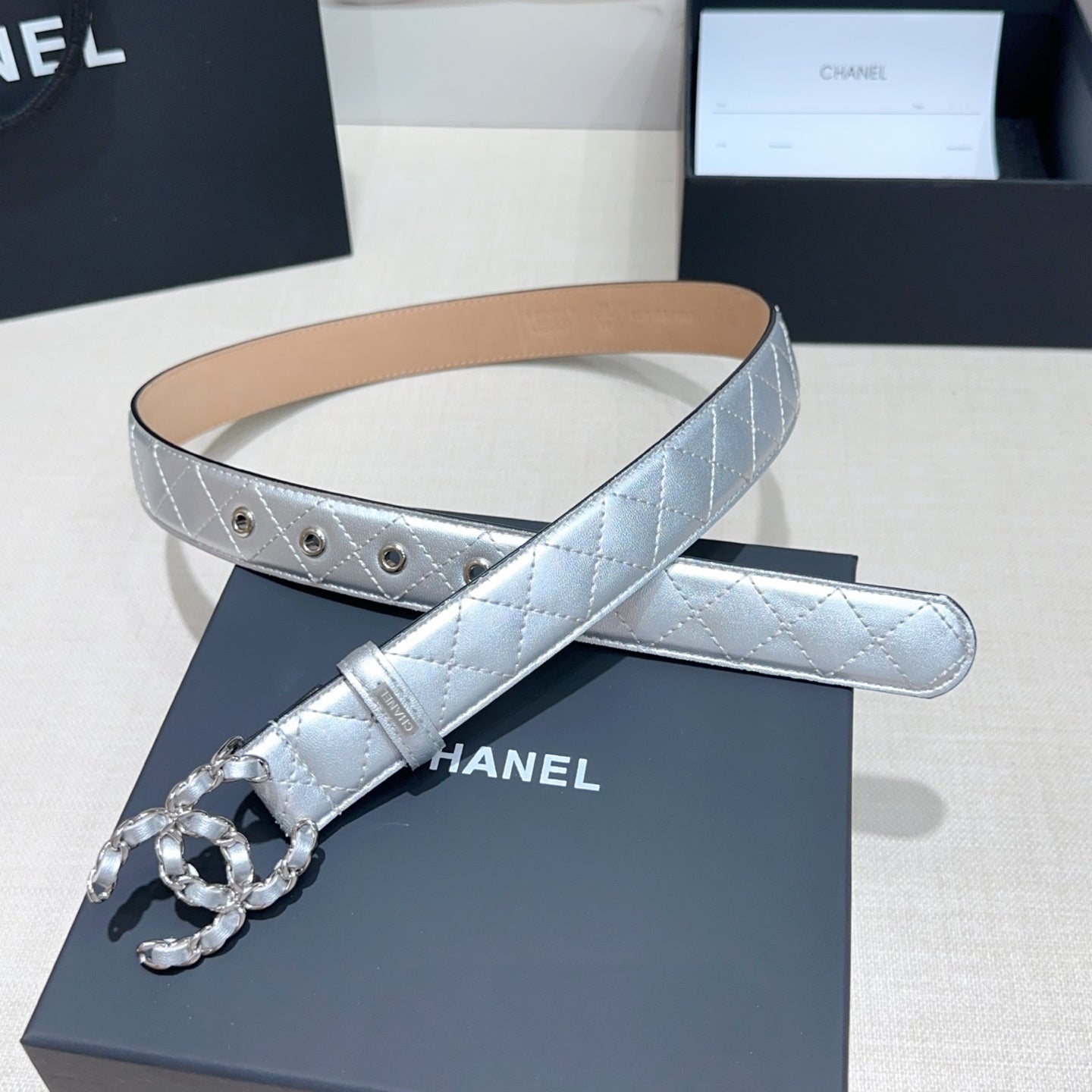 CC Women's Belt 3.0CM Sliver Lambskin Sliver Buckle 190581