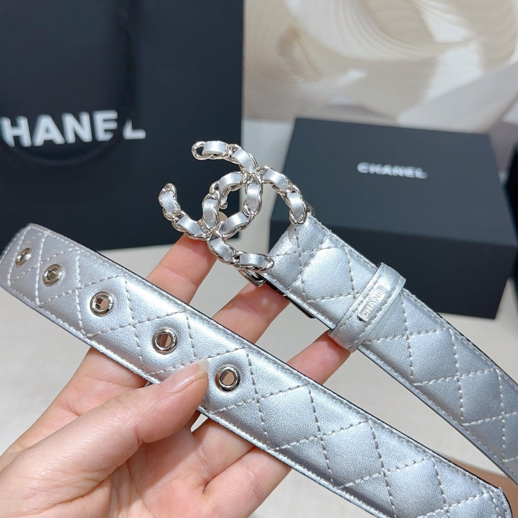 CC Women's Belt 3.0CM Sliver Lambskin Sliver Buckle 190581