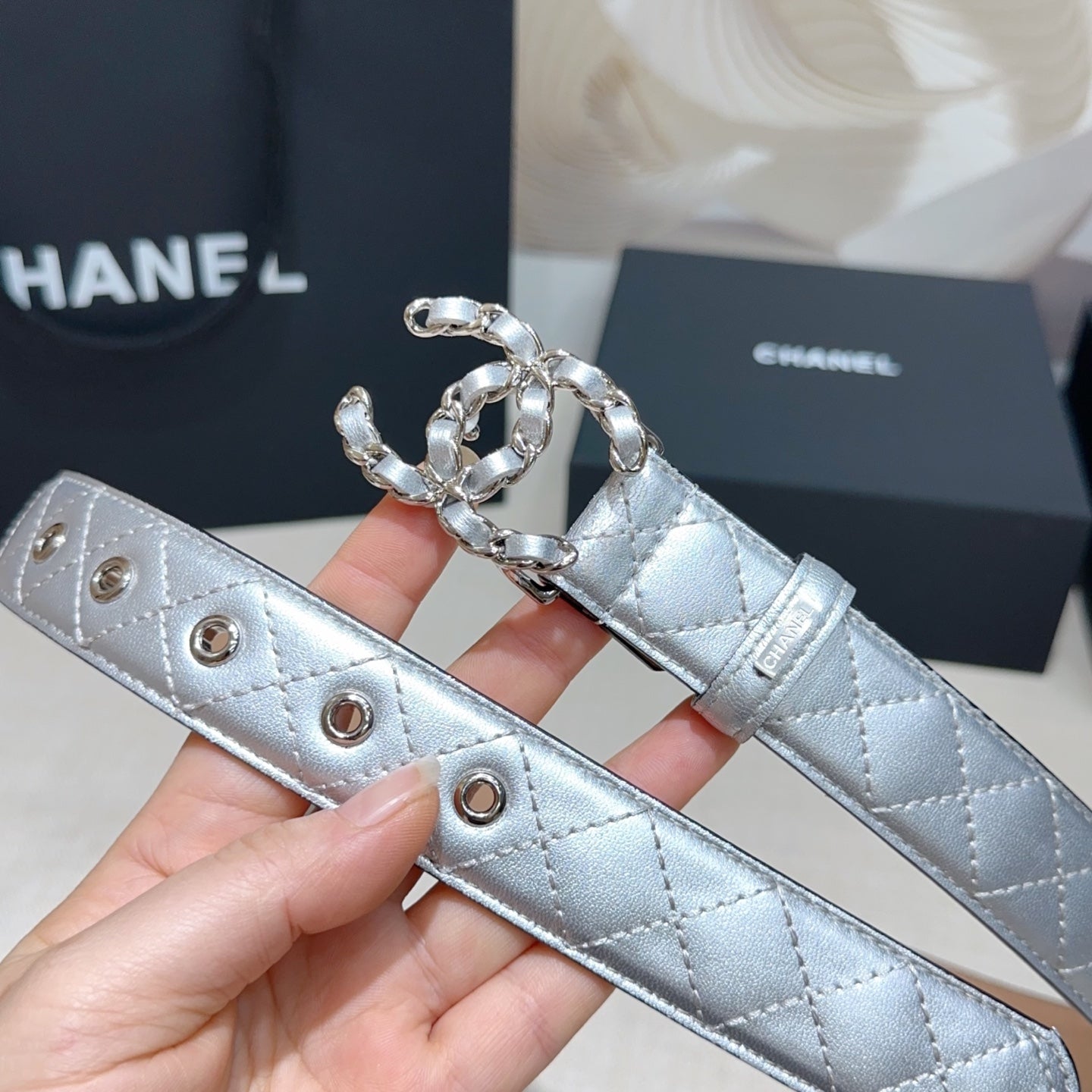 CC Women's Belt 3.0CM Sliver Lambskin Sliver Buckle 190581