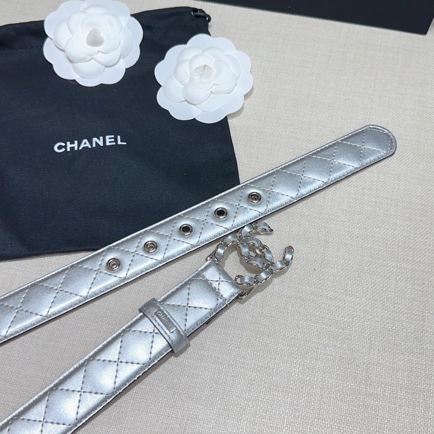 CC Women's Belt 3.0CM Sliver Lambskin Sliver Buckle 190581