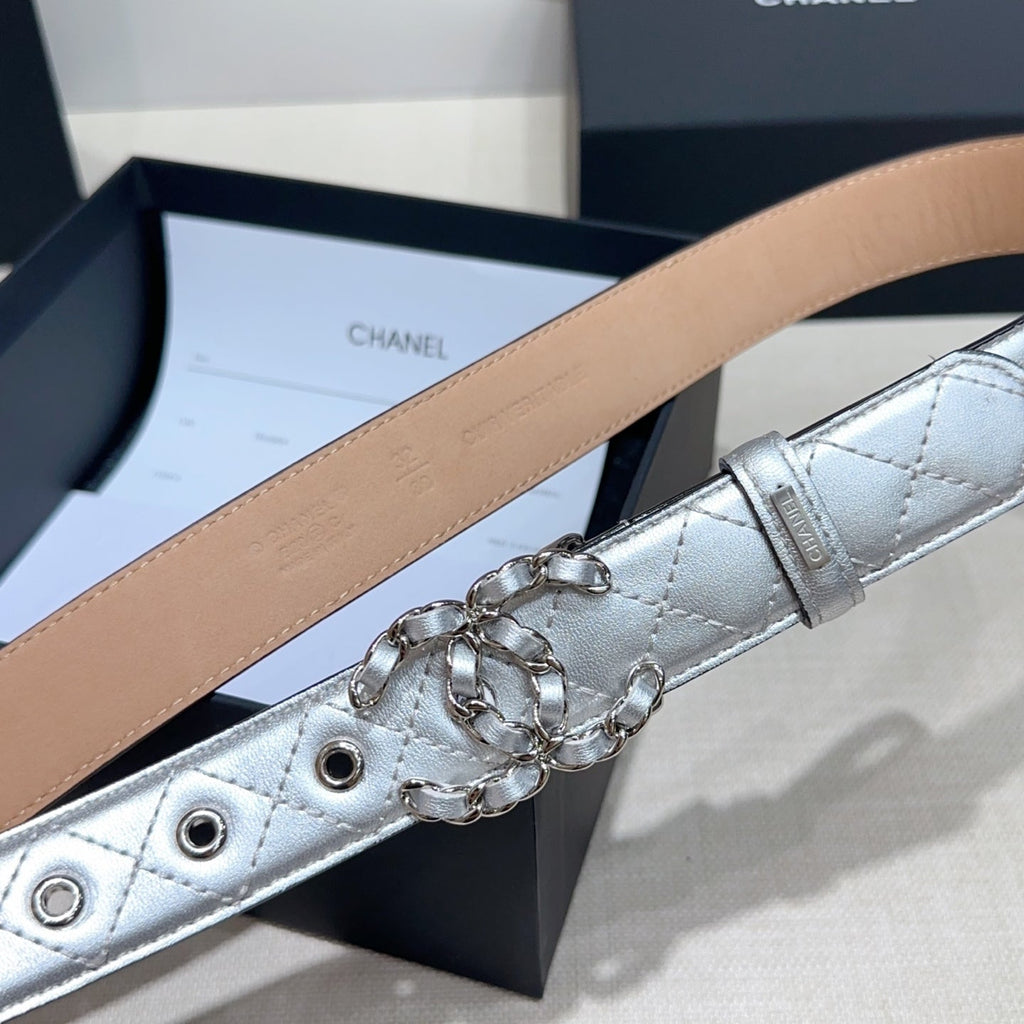 CC Women's Belt 3.0CM Sliver Lambskin Sliver Buckle 190581