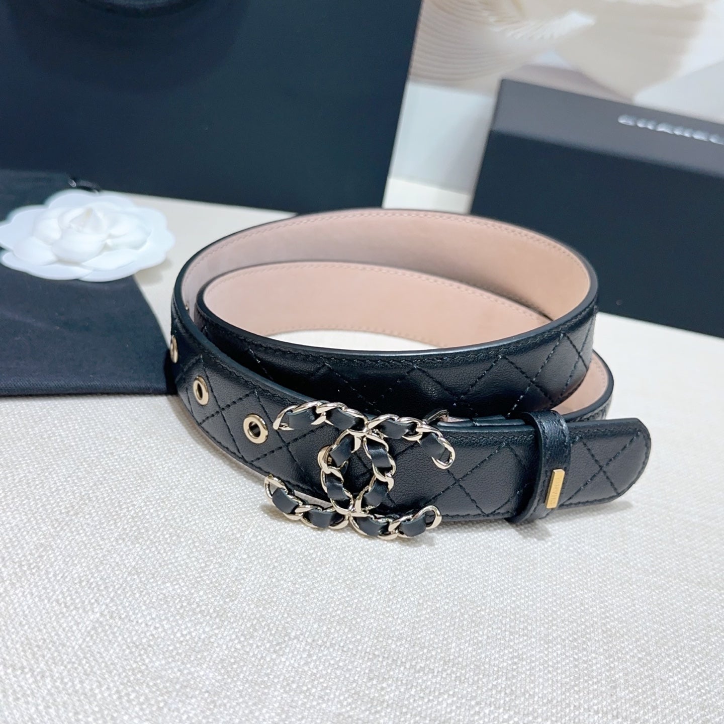 CC Women's Belt 3.0CM Black Lambskin Black Sliver Buckle 190580