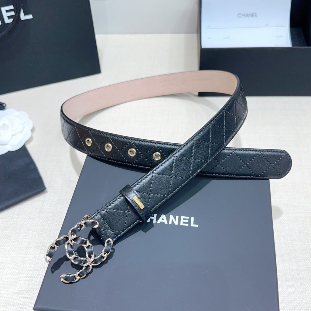 CC Women's Belt 3.0CM Black Lambskin Black Sliver Buckle 190580