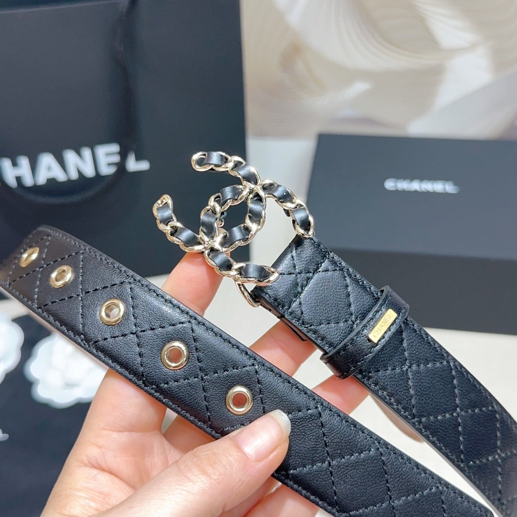 CC Women's Belt 3.0CM Black Lambskin Black Sliver Buckle 190580