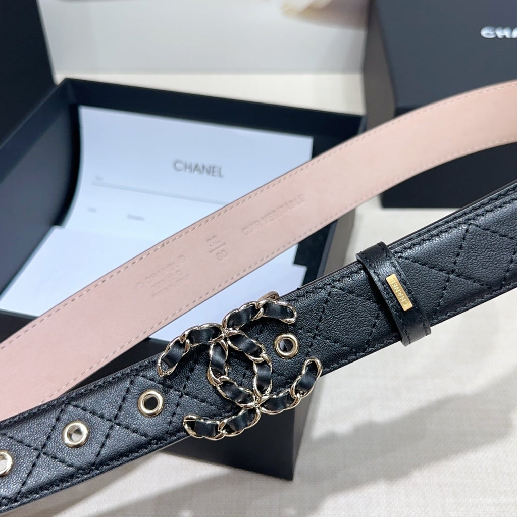 CC Women's Belt 3.0CM Black Lambskin Black Sliver Buckle 190580