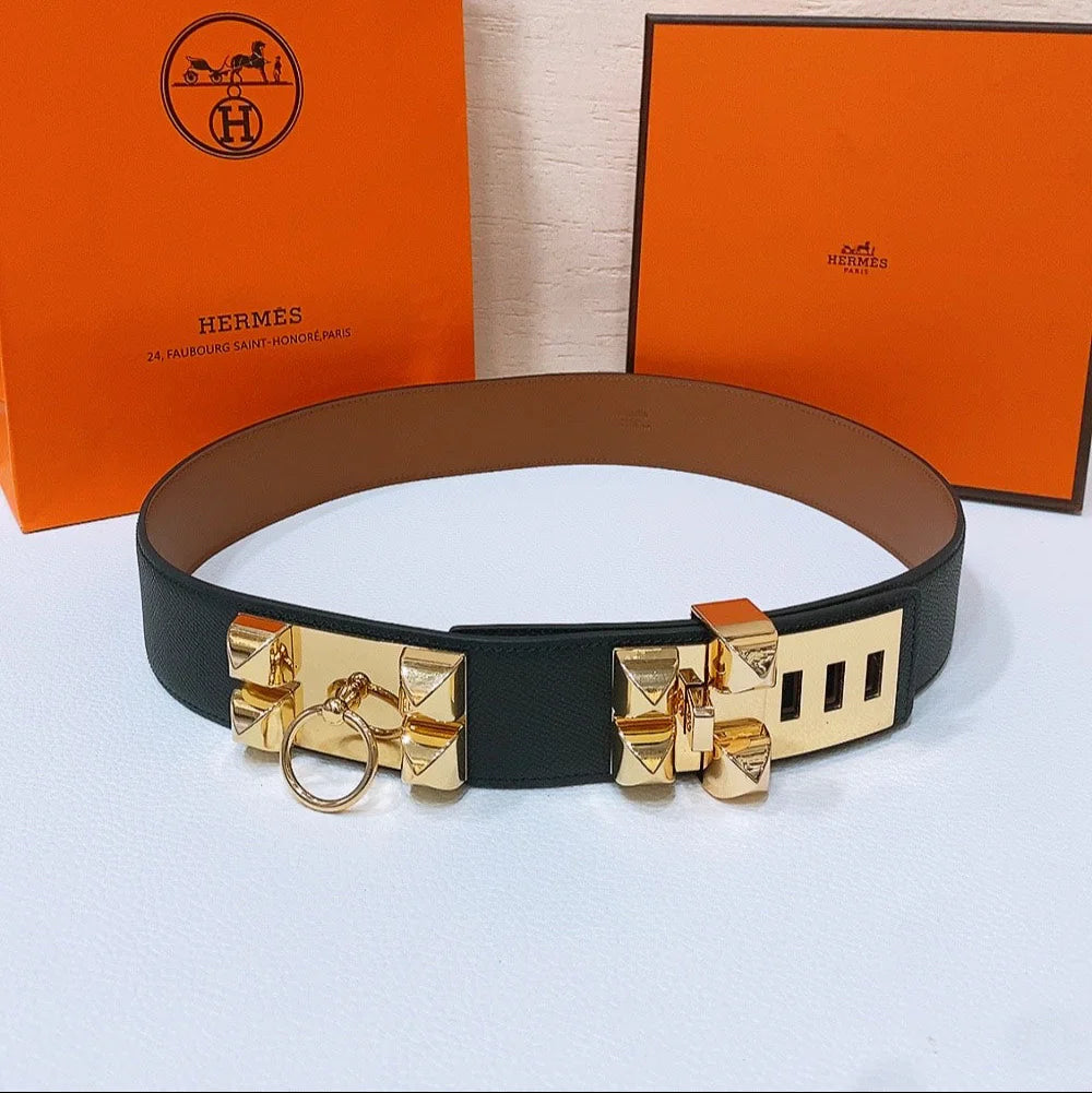 Hermès Collier De Chien 50 Belt Black Epsom Calfskin With Gold-tone Metal Buckle
