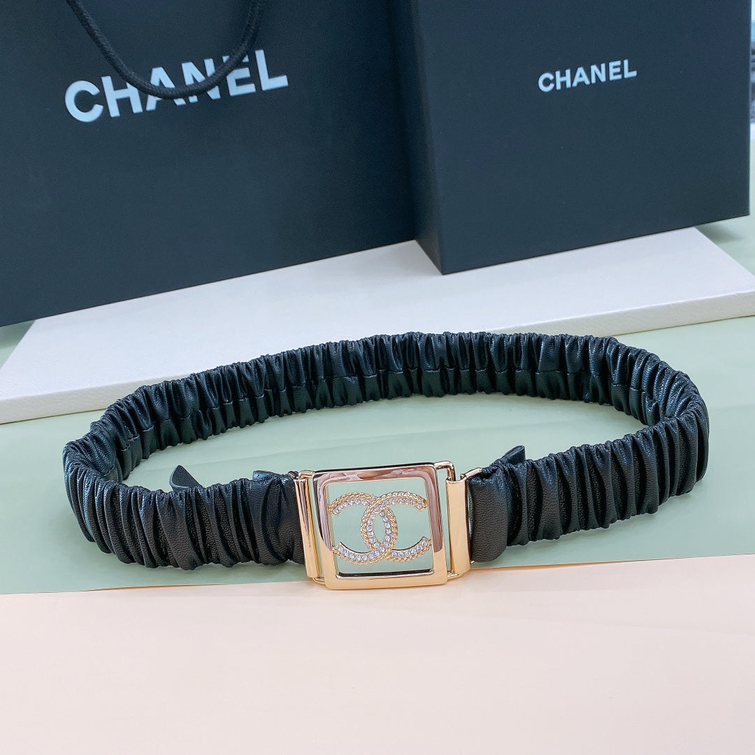 Chanel Rhinestones CC Square Buckle Belt Black  Gold in Calfskin  205357