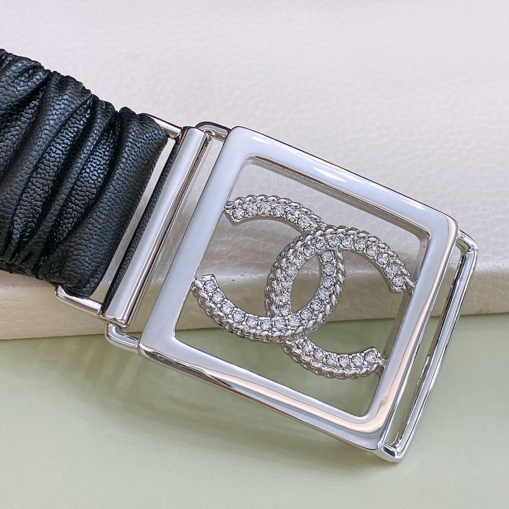 Chanel Rhinestones CC Square Buckle Belt Black Silver in Calfskin 205356
