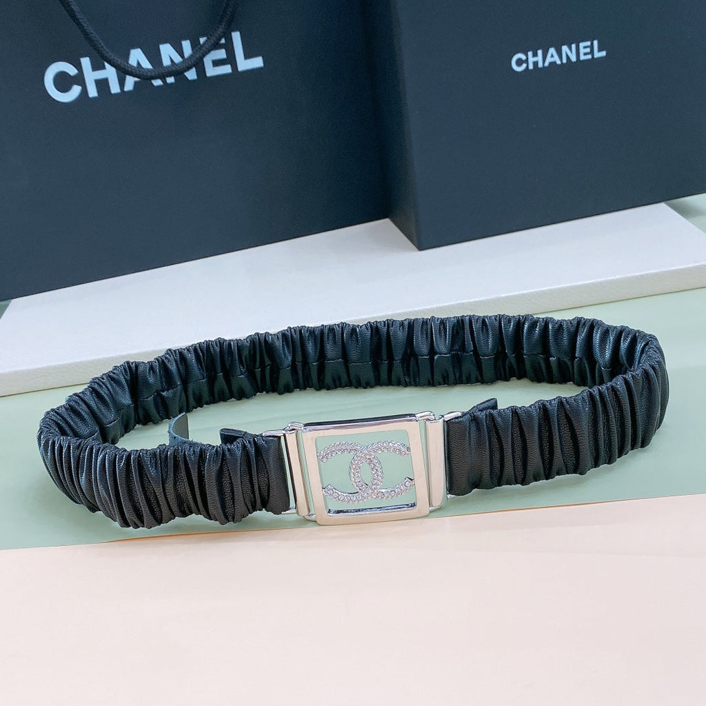 Chanel Rhinestones CC Square Buckle Belt Black Silver in Calfskin 205356