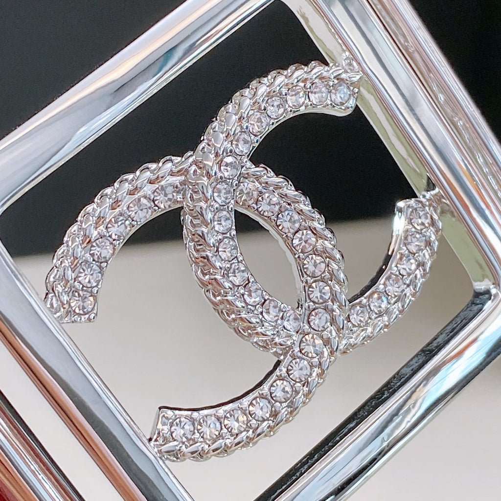 Chanel Rhinestones CC Square Buckle Belt Black Silver in Calfskin 205356