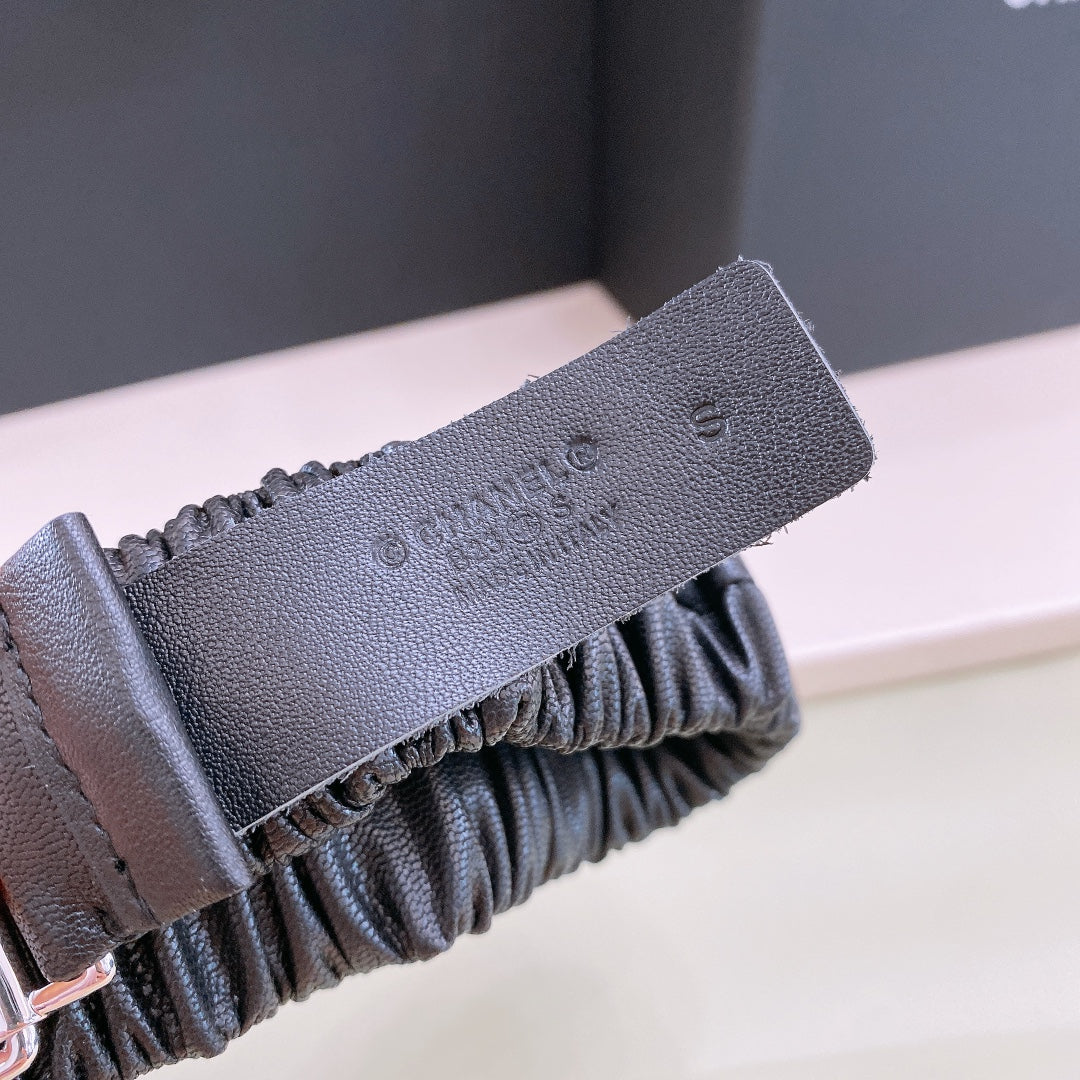 Chanel Rhinestones CC Square Buckle Belt Black Silver in Calfskin 205356