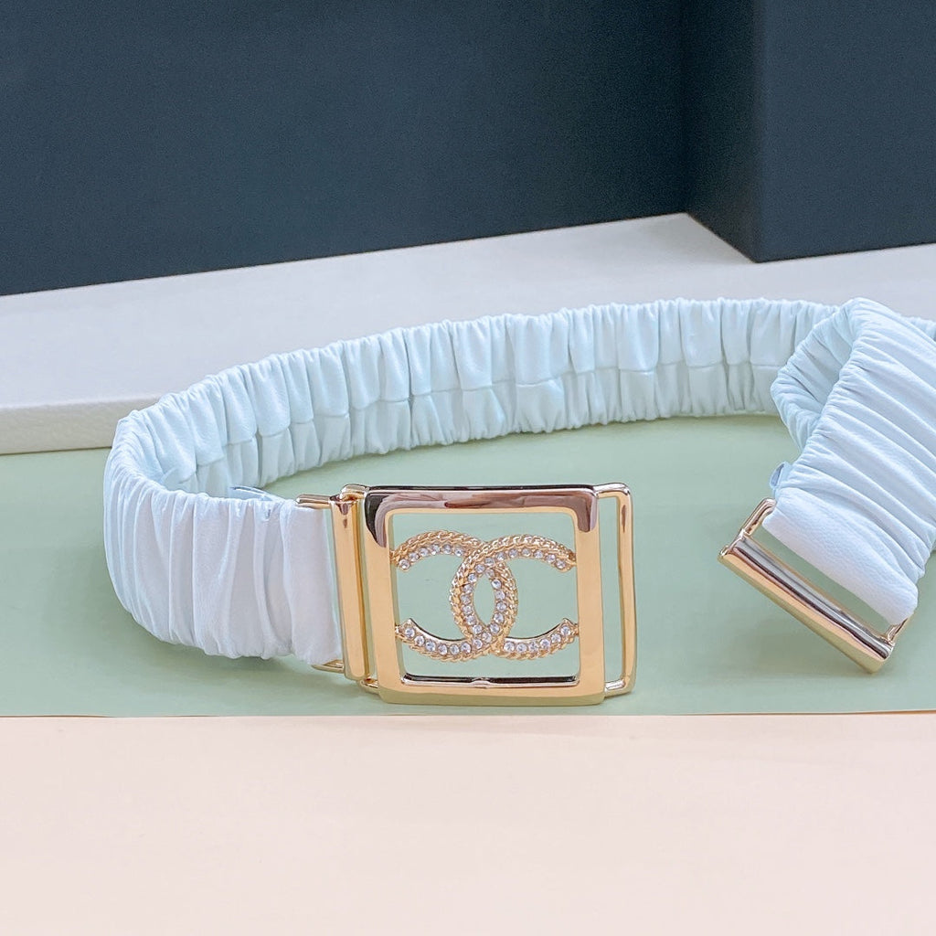 Chanel Rhinestones CC Square Buckle Belt Blue Gold in Calfskin  205354